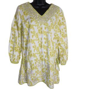 Kas New York Tunic Top‎ Women M yellow Embroidered Boho Chic Casual Long Sleeve